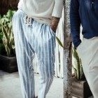 Mens holiday linen navy striped trousers