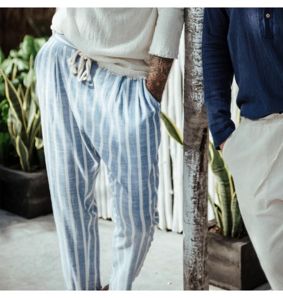 Mens holiday linen navy striped trousers