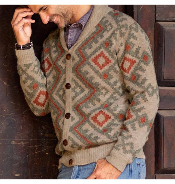 Men's Casual  Long Sleeve Jacquard Sleeve pel Knit Sweater