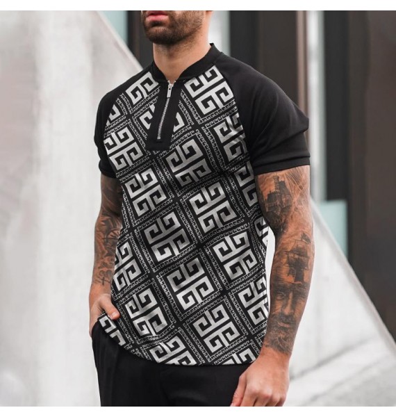 Zipper V-neck Printed Polo Shirt