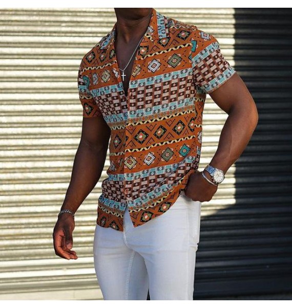Ethnic pattern print casual short-sleeved shirt