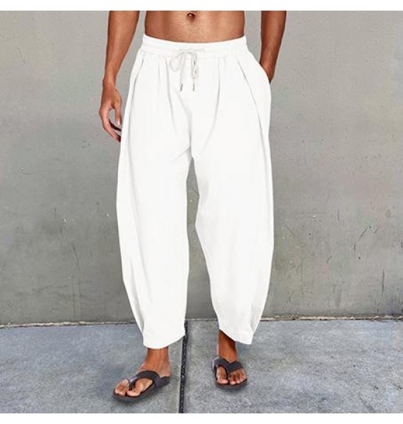 Men's Cotton Linen Drawstring Cropped Casual Harem Pants