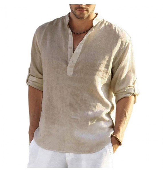 Men's Casual Loose Solid Color Stand Colr Cotton Linen Long Sleeve Shirt