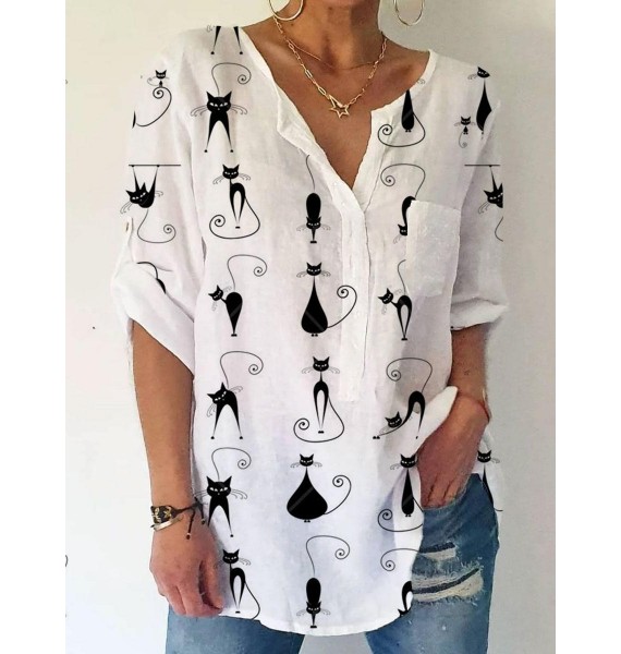 Round Neck Cat Print Loose Long Sleeve Blouse