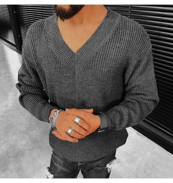Oversized Men's Deep V-Neck Pin Sweater