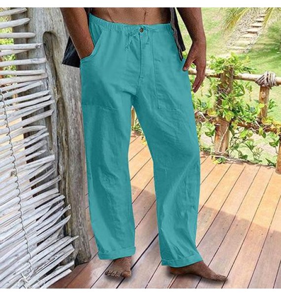 Men's Linen Estic Waist Drawstring Pocket Loose Casual Pants