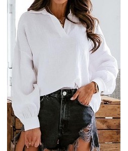 Casual Solid Color pel V-Neck Long Sleeve Blouse
