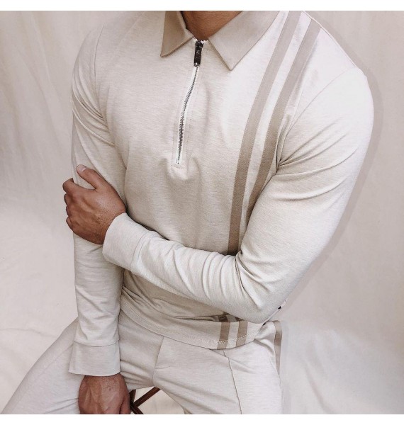Color-matched Striped Long-sleeved Polo Shirt