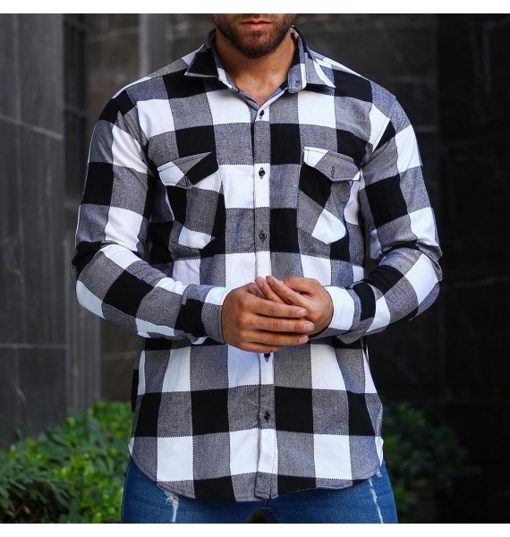 Casual Long Sleeve Bck And White Pid Men's Shirt