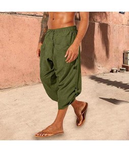Men's Boho Linen Drawstring Loose Pockets Casual 7 Point Pants
