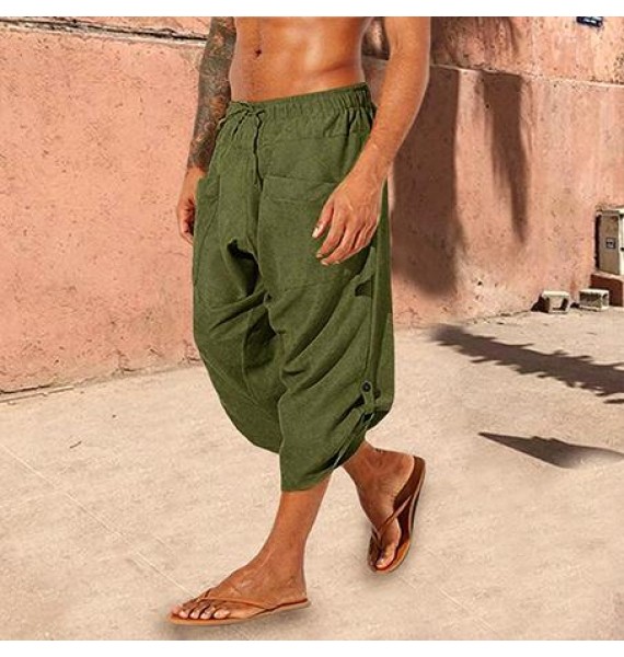 Men's Boho Linen Drawstring Loose Pockets Casual 7 Point Pants