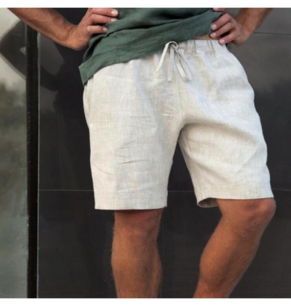 Men's Summer Loose ce-Up Five-Point Pants Solid Color Linen Shorts