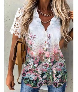 Fashion Floral Print Wavy V-Neck Short Sleeve Shirt