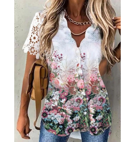 Fashion Floral Print Wavy V-Neck Short Sleeve Shirt