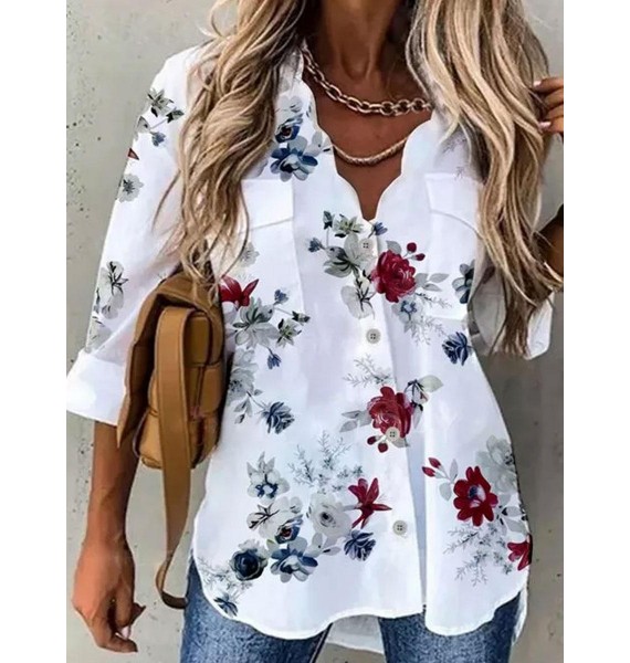 V-neck Floral Print Casual Loose Long-sleeved Blouse