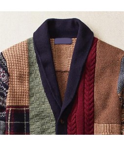 Men  Ethnic Color Block Patchwork Thick Warm Keep Long Sleeve Knitted Cardigan