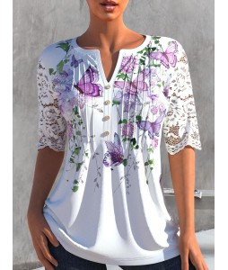 V-neck Cutout Casual Loose Floral Print Short Sleeve Blouse