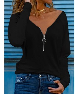 Casual Solid Color Zip V-Neck Long Sleeve Shirt