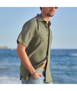 Men's Casual Solid Color Resort Linen Short Sleeve pel Shirt