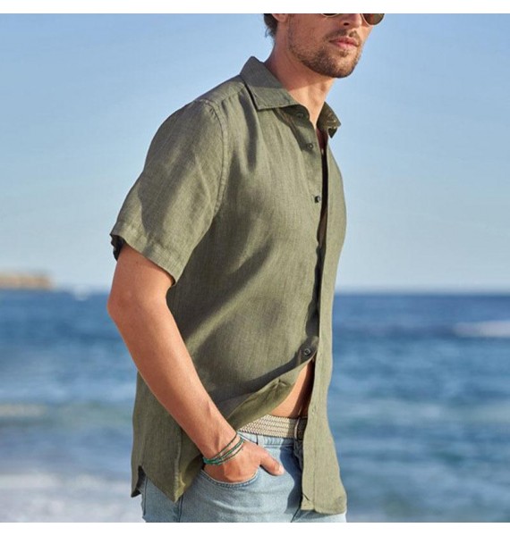 Men's Casual Solid Color Resort Linen Short Sleeve pel Shirt