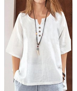 Solid Color Buttons V Neck Half Sleeves Blouse
