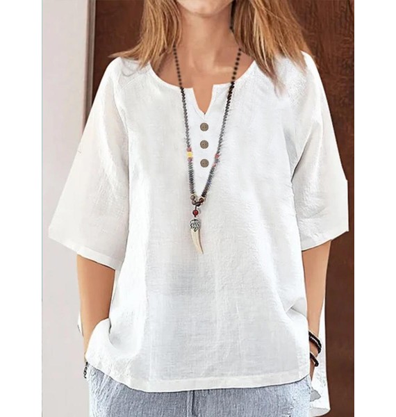 Solid Color Buttons V Neck Half Sleeves Blouse