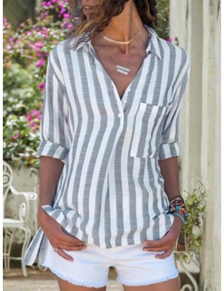 Summer Striped Cotton Blends Long Sleeve Casual Blouse