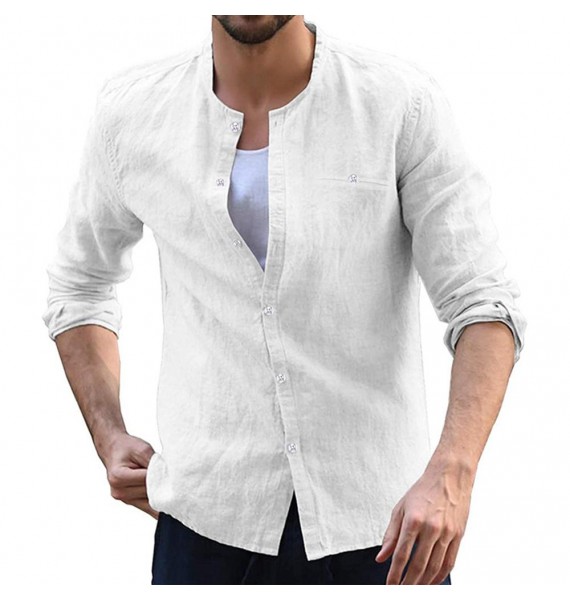 Men's Colrless Solid Casual Cotton Linen Long Sleeve Shirt