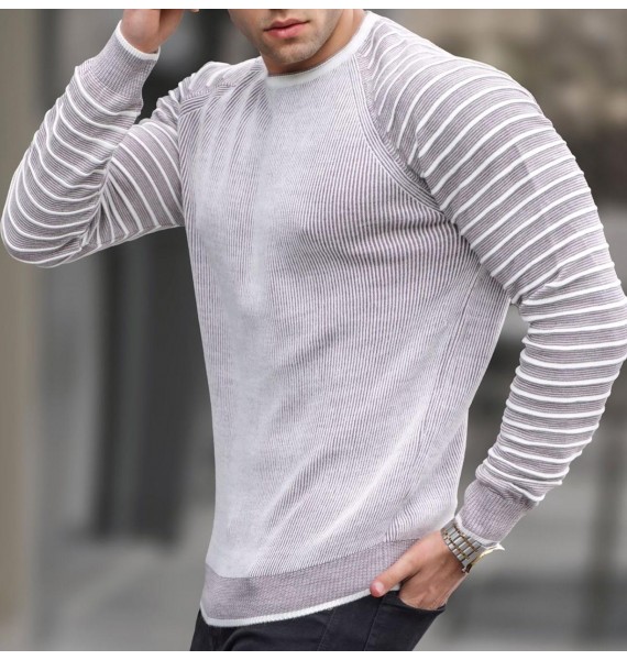 Men's Crew Neck -White  Striped Sweater
